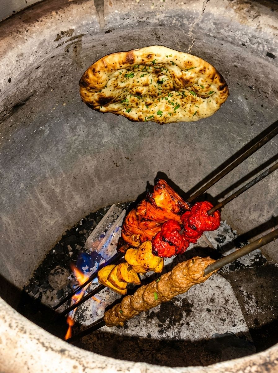 Naan, tandoori chicken, tikka and seekh kebab cooking in the clay tandoor
